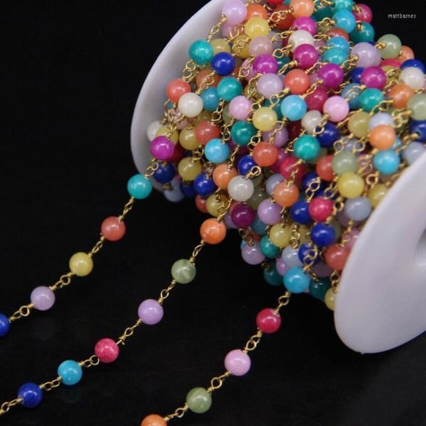 Cadenas 5 metros/lote Multicolor Malasia Jades cuentas redondas Rosario cadena Jaspers con alambre de oro envuelto mujeres suéter joyería