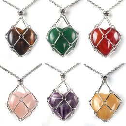 Chaînes 5pcs cristal naturel coeur pierre net en acier inoxydable métal bambou collier tissé pendentif chaîne réglable