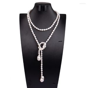 Chaînes 6-7mm naturel d'eau douce blanc riz perle collier pull chaîne longue baroque pendentif FP245chaînes