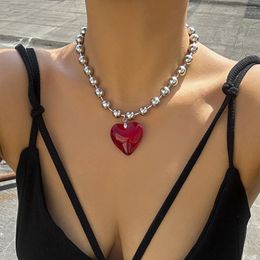 Chaînes 6 couleurs hip hop coloré amour coeur pendentif collier femmes punk argenté perles de couleur chaîne de bijoux grunge accessoires steampunk