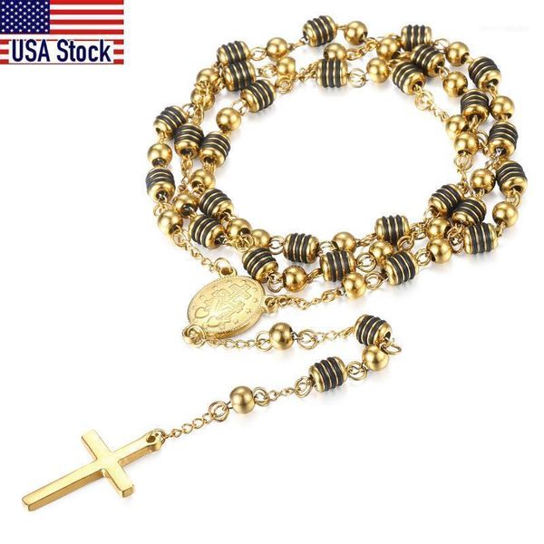 Chaines 6 mm Rosaire Jésus-Christ Collier pendentif Gold Tone noir Tone en acier inoxydable Perle Longue chaîne Femmes hommes Bijoux de mode KN4341