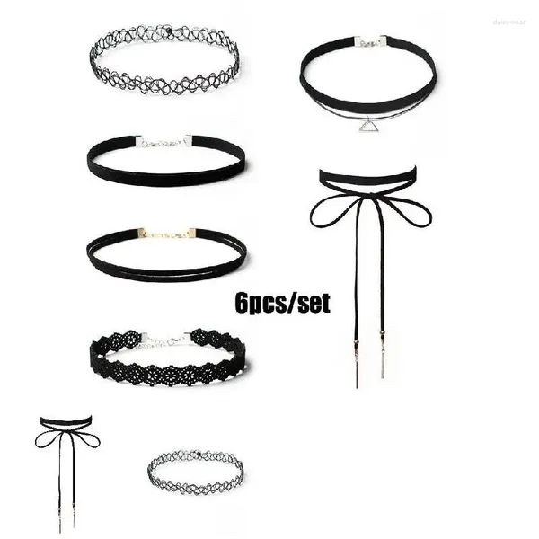 Chaînes 6pcs / Set Sexy Multicouche Creux Dentelle Fleur Collier Collier Noir Velours Alliage Triangles Pendentif Colliers Bijoux