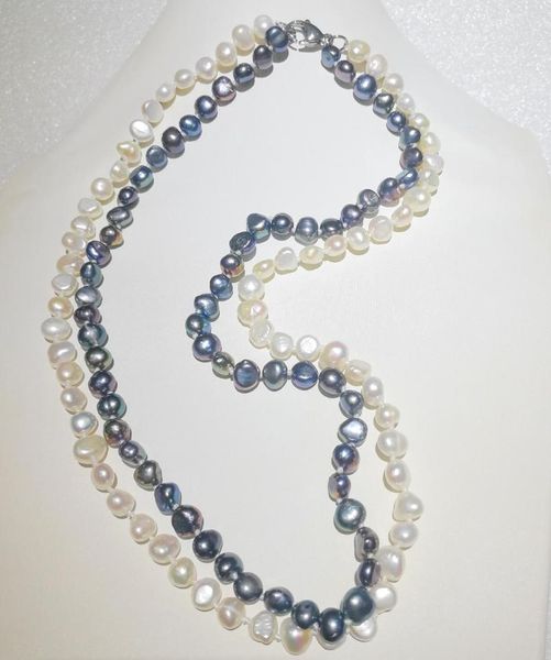 Chaînes 6x7mm Baroque Perle Collier 2 Rangées Blanc Noir Couleurs Réel Naturel D'eau Douce Femmes Bijoux 35cm-43cm 15-17''