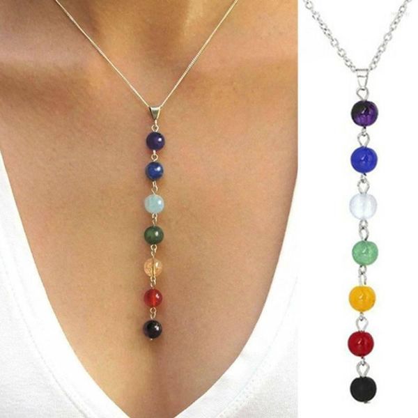 Chaînes 7 Chakra Gem Pierre Perles Femmes Yoga Pendentif Collier Reiki Guérison Équilibrage Colliers Bijoux Sains