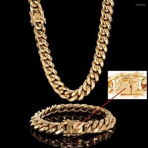 Chaînes 8-18 mm Hip-Hop Golden Curb Cuban Link Link Collier en acier inoxydable Bracelet pour hommes et femmes