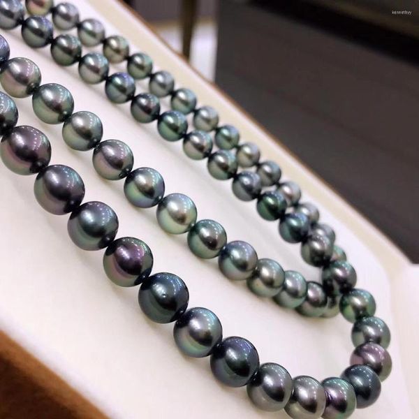 Chaînes 8-9.5mm Grande Taille Naturel Véritable Forme Ronde Southsea Black Pearl Collier Tahiti Strand String 39cm Long