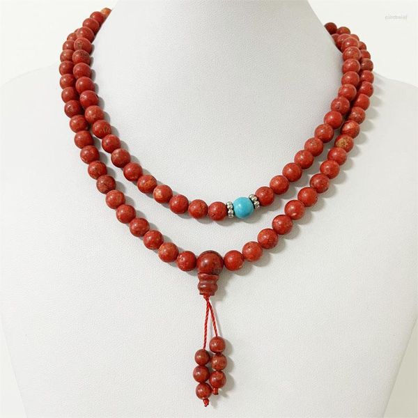 Chaînes 84-85CM Longueur 8MM Collier De Corail D'herbe Rouge Turquoise Perles De Pierre Naturelle Bijoux Soins De Santé Protection Des Pierres Précieuses Ras Du Cou Guérison