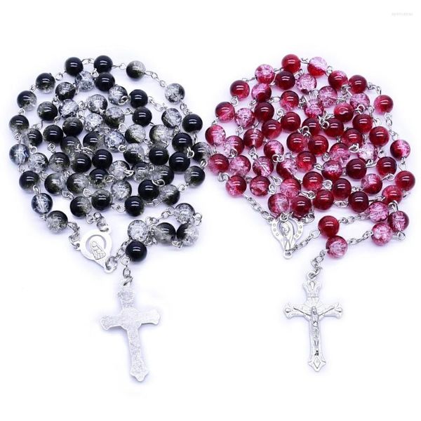 Chaînes 8 cm Gradient Couleur Chapelet Religieux Perles Rondes Croix Vierge Marie Mode Collier Bijoux Catholiques