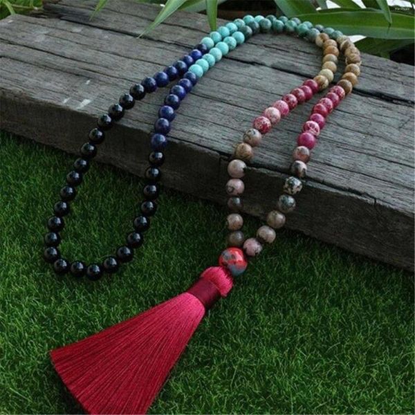 Cadenas 8mm lapislázuli Color piedra 108 cuentas borla hecha a mano collar religioso budismo Spiritua tibetano Yoga Chakra Japa Mala