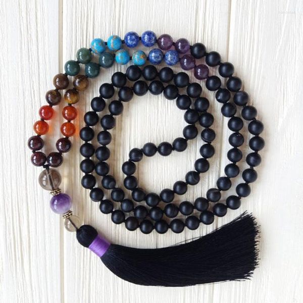 Chaînes 8mm Noir Mat Onyx Mala Collier 108 Perles Noué Gland Colliera Bouddhiste Yoga Cadeaux Chakra Bijoux