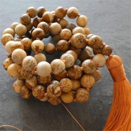 Chaines 8 mm Picture naturelle Stone Gemstone 108 Perles Collier Mala Couples Rustic Opera Longle Yoga Fashion Statement