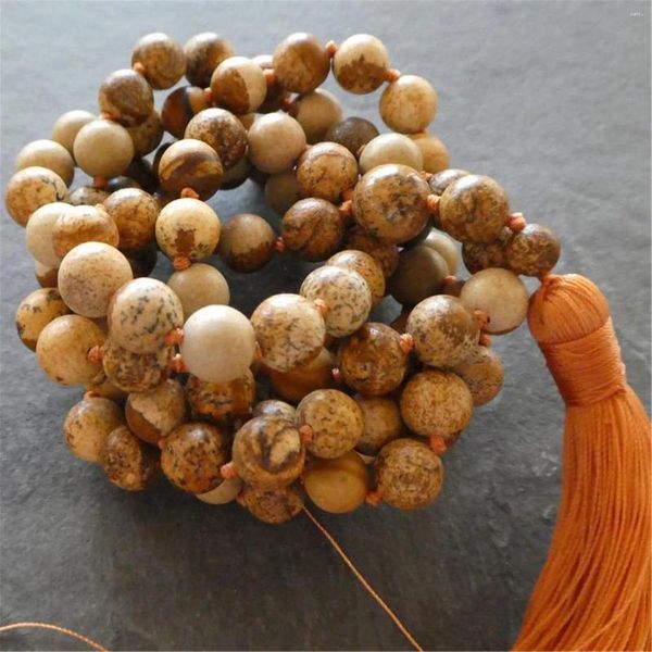 Chaines 8 mm Picture naturelle Stone Gemstone 108 Perles Collier Mala Couples Rustic Opera Longle Yoga Fashion Statement