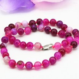 Chaînes 8mm Pierre Naturelle Rose Bande Rouge Cornaline Onyx Agat Perles Rondes Collier Pour Femmes Cadeaux Chaîne Ras Du Cou Bijoux 18 pouces B3198