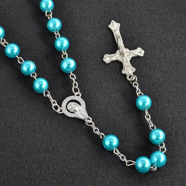 Chaînes 8mm Religieux Jésus Christ Femmes Perles de verre Long Pendentif Croix Rosaire CollierChaînes