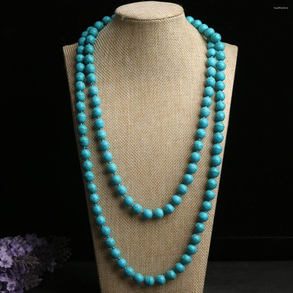 Chaînes 8mm rond vert rouge blanc dinde Turquoise longue chaîne de chandail rétro noeud perles collier dames femmes fabrication de bijoux 36 pouces