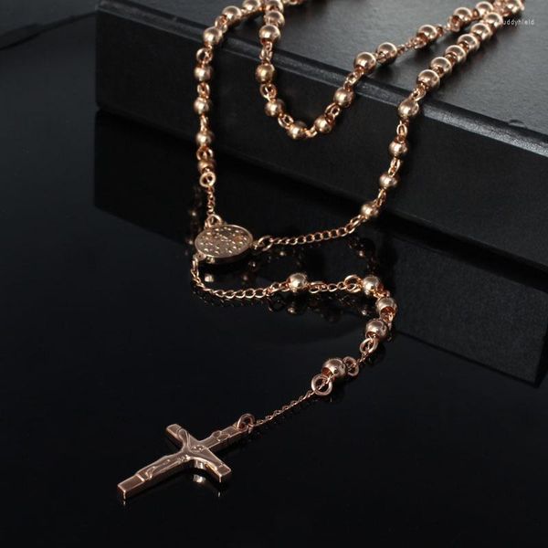 Cadenas de 8 mm de acero inoxidable collar de rosario de cuentas de alta calidad hermosa cruz colgante rosa joyería regalos