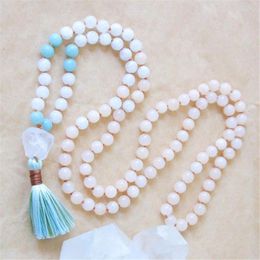 Cadenas 8 mm Jade White Aquamarine 108 Beads Gemstone Mala Collar Declaración de tranquilidad Espiritual Longitud de piedra Lariat