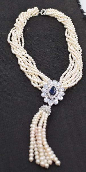 Cadenas 8 filas de perlas de agua dulce cerca de la ronda 3-4 mm 25 pulgadas y collar perlas al por mayor colgante azul natural