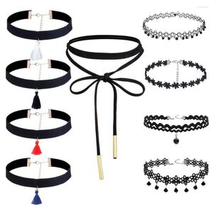 Cadenas 9 Piezas Gargantilla Collar Conjunto Clásico Gótico Negro Encaje Colgante Para Mujer Cadena de clavícula Femenina Collares de moda