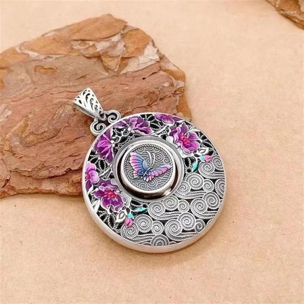 Chaînes 925 Argent Rime Archaïque Rose Violet Fleur Papillon Pendentif Émail Collier Rond Pour Femmes Style Chinois Accessoires Bijoux