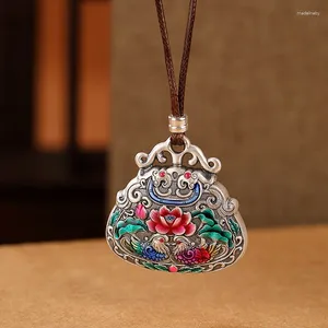 Chaines 925 Silver Cloisonne Propriété du Mandarin Duck Lotus Flower Enamel Collier Drop Pendant Classic Vintage Bijoux pour les femmes