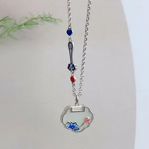 Kettingen 925 Zilveren email Blauwe lotus Flower Hanger Natural An Jade White Ruyi ketting voor vrouwen frisse stijl fijne sieraden