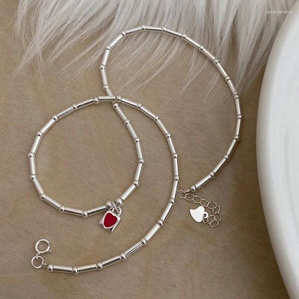 Chaînes 925 Silver Light Luxury Craft Bamboo Joint Style Perlé Clavicule Chaîne Rouge Émail Coeur Pendentif Exquis Doux Collier Bijoux