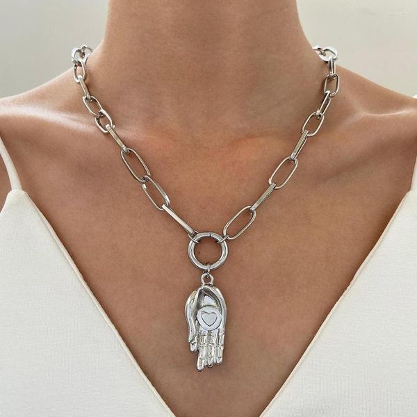 Chaînes 925 Argent Plaqué Chaîne Fatma Main Collier Bouddhisme Chunky Hamsa Pendentif Long En Homme Punk Bijoux Cadeau