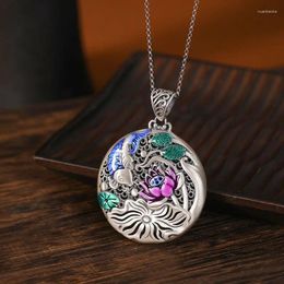 Chaines 925 Silver vintage Lotus Flower Fish Fish en émail Round Pendentif Original Design Ethnique Style Collier Fomen Women Fashion Jewelry