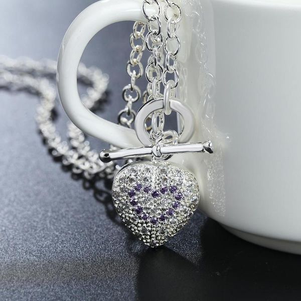 Chaînes 925 Estampillé Argent Violet Cristal Romantique Coeur Pendentif Collier Pour Femmes De Mode Accessoires De Mariage Designer Bijoux Cadeau