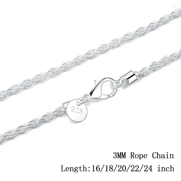 Chaînes 925 Sterling Argent 16/18/20/22/24 pouces 3mm Corde Chaîne Collier Pour Femmes Mode Mariage Charme Bijoux