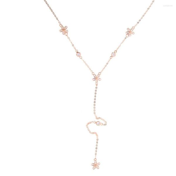 Chaînes 925 Sterling Silver Cz Pavé Fleur Lariat Pendentif Colliers Pour Femmes Y Style Longue Chaîne Superposition Bijoux Cadeau De Mariage