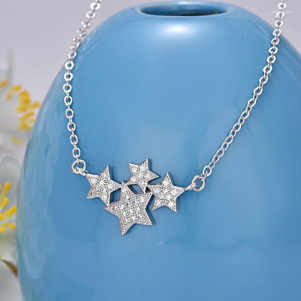 Cadenas 925 Sterling Silver Diamond Star Collar Hueco de las mujeres Cadena de clavícula de cinco puntas Joyería de regalo de fiesta