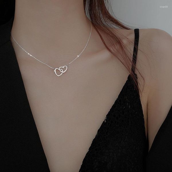 Chaînes 925 Sterling Silver Double Anneau Coeur Collier Femme Simple Tempérament Clavicule Chaîne Pendentif Anniversaire Cadeau Bijoux