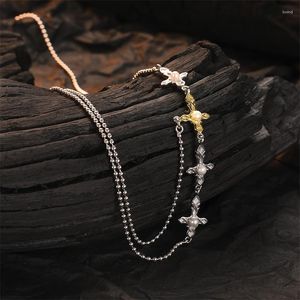 Kettingen 925 Sterling zilveren zoetwater parel textureerde kruisketting voor vrouwen origineel ontwerp dubbele laag ketting choker feest sieraden