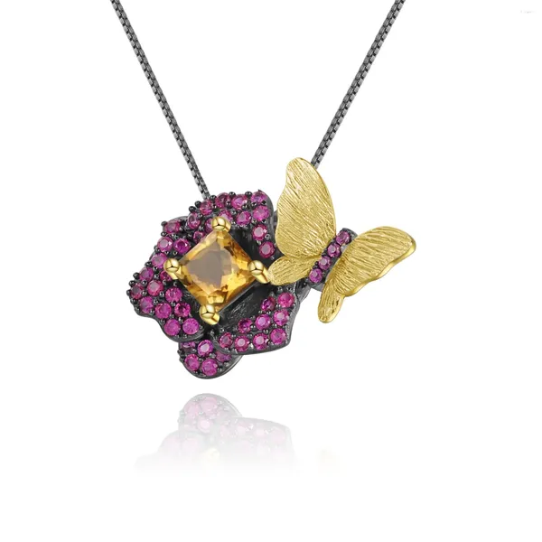 Cadenas 925 Plata esterlina Chapado en oro Broche de mariposa Citrino natural Piedra preciosa Flor Colgante Collar Joyería para mujeres