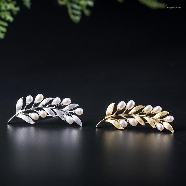 Cadenas, joyería de plata de ley 925, broches de perlas de rama de olivo para mujer, broche hecho a mano, diseño Original, accesorios de lujo para mujer