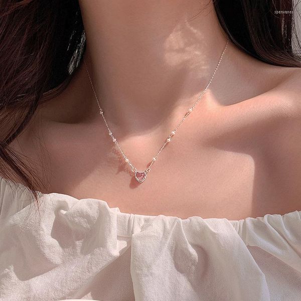 Cadenas de Plata de Ley 925, collares femeninos de cristal de corazón rosa para mujer, artículos de regalo de joyería de calidad de lujo PABEYN
