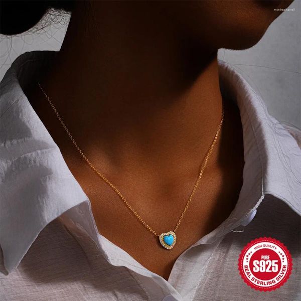 Chaines 925 Sterling Silver Zircon Turquoise Love Pendante Collier 40 5cm Chaîne pour femmes Bijoux de fête de fiançailles de mariage