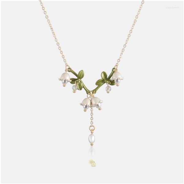 Chaînes AENSOA Élégant Perle Cloche Orchidées Pendentif Collier Ras Du Cou Pour Les Femmes En Métal Doré Mince Chaîne Floral Colliers Bijoux De Mariage