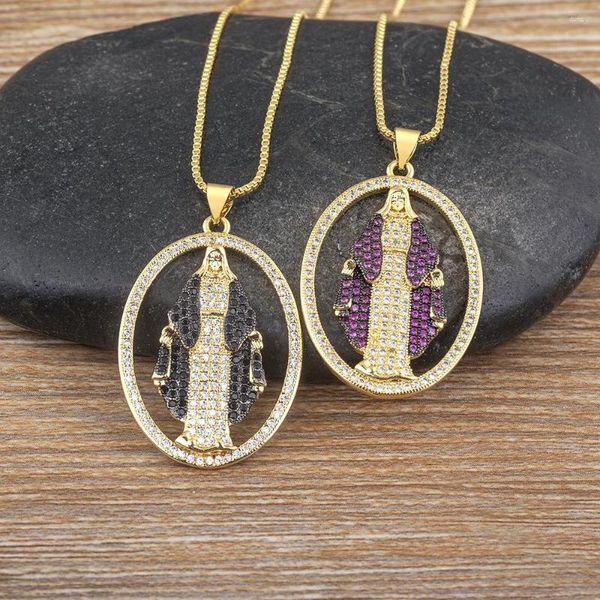 Chaînes AIBEF Ovale Évider Vierge Marie Pendentif 5 Couleurs Cuivre Zircone Collier De Style Occidental Religieux Prier Bijoux Cadeau En Gros