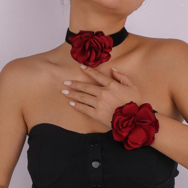 Chaînes Ailodo Big Rose Fleur Collier Ras Du Cou Élégant Noir Dentelle Rouge Clavicule Chaîne Pour Les Femmes De Mariage