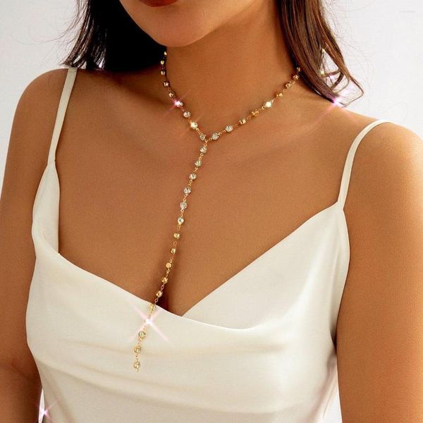 Chaînes Ailodo luxe cristal longue chaîne collier pour femmes or argent couleur fête mariage mode bijoux filles cadeau 2023