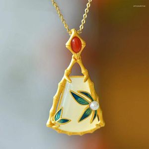 Chaînes Antique Gold Craft Incrusté Naturel Hetian Jade Feuille de Bambou Pendentif Design Élégant Émail Porcelaine Colliers Style Ethnique Bijoux