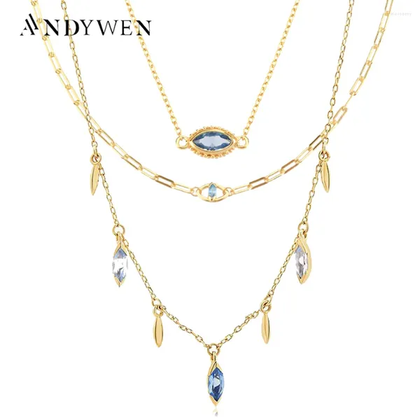 Chaînes ANDYWEN 925 Sterling Argent Or Empilage Bleu Zircon CZ Charme Collier De Mariage Ras Du Cou Longue Chaîne De Luxe Bijoux Fine Bijoux