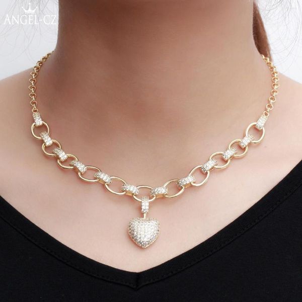 Cadenas ANGELCZ, collar de eslabones de cadena dorada de lujo con incrustaciones de Zirconia cúbica pequeña, colgante largo de corazón romántico, joyería de boda para mujer AN027