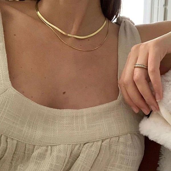 Cadenas Antialérgico Minimalista Doble Capas 14K Chapado En Oro CajaHerringbone Cadena Gargantilla Collares Para Mujeres