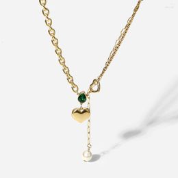 Cadenas Llegada 14K Cadena chapada en oro Circón Corazón Colgante Collar Regalo Acero inoxidable Perla verde Empalme para mujeres