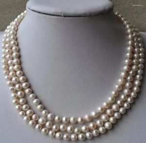 Chaînes arrivée collier de perles préférées 3 brins 7-8mm blanc naturel rond véritable bijoux fins d'eau douce