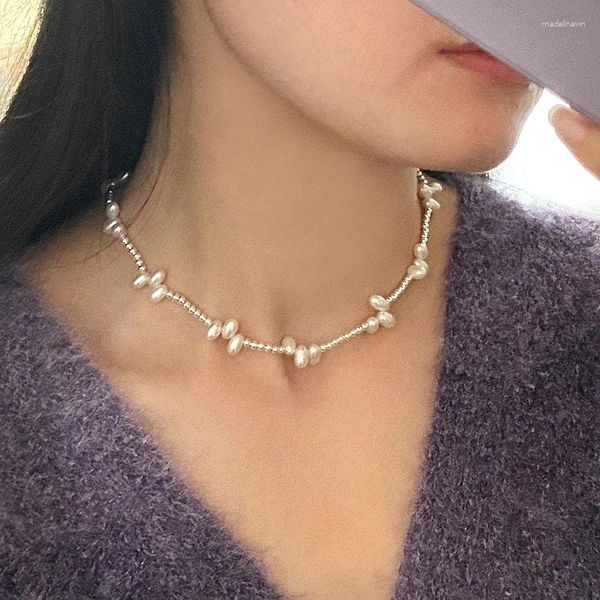 Chaînes Ashiqi Naturel Perle d'eau douce 925 Collier de perles d'argent Fine Bijoux pour filles Cadeaux de fête à la mode